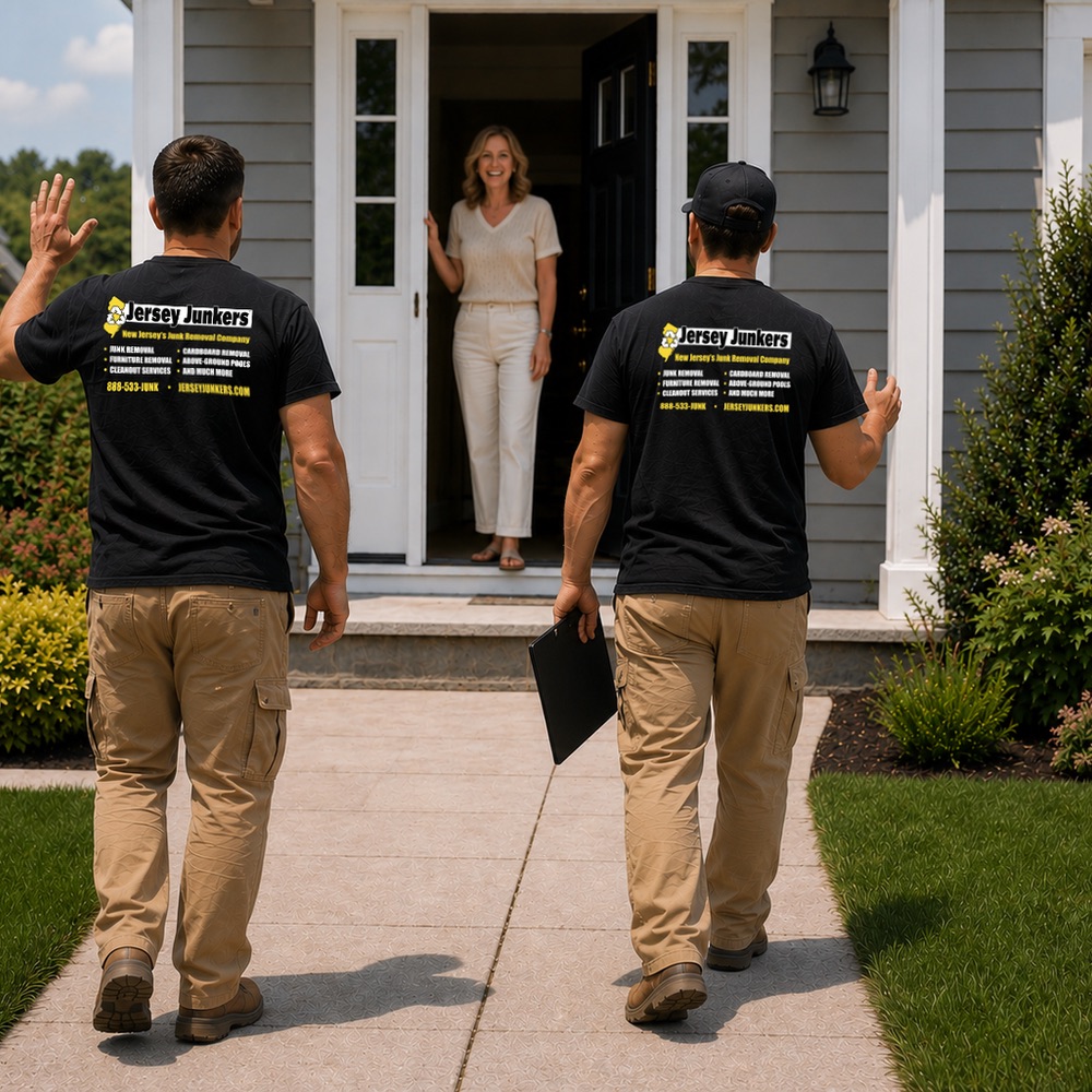 The Jersey Junkers crew greeting a customer at the door