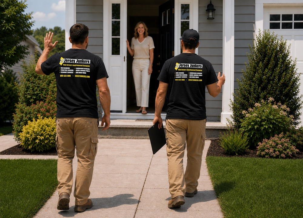 The Jersey Junkers crew waving goodbye to a happy customer